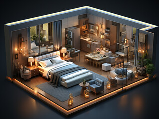 bedroom with bed,isometric,3d