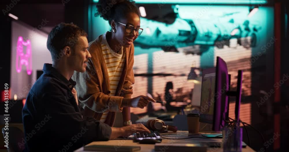 Aufkleber portrait of black creative director giving instructions on 3d game visuals to male developer in crea