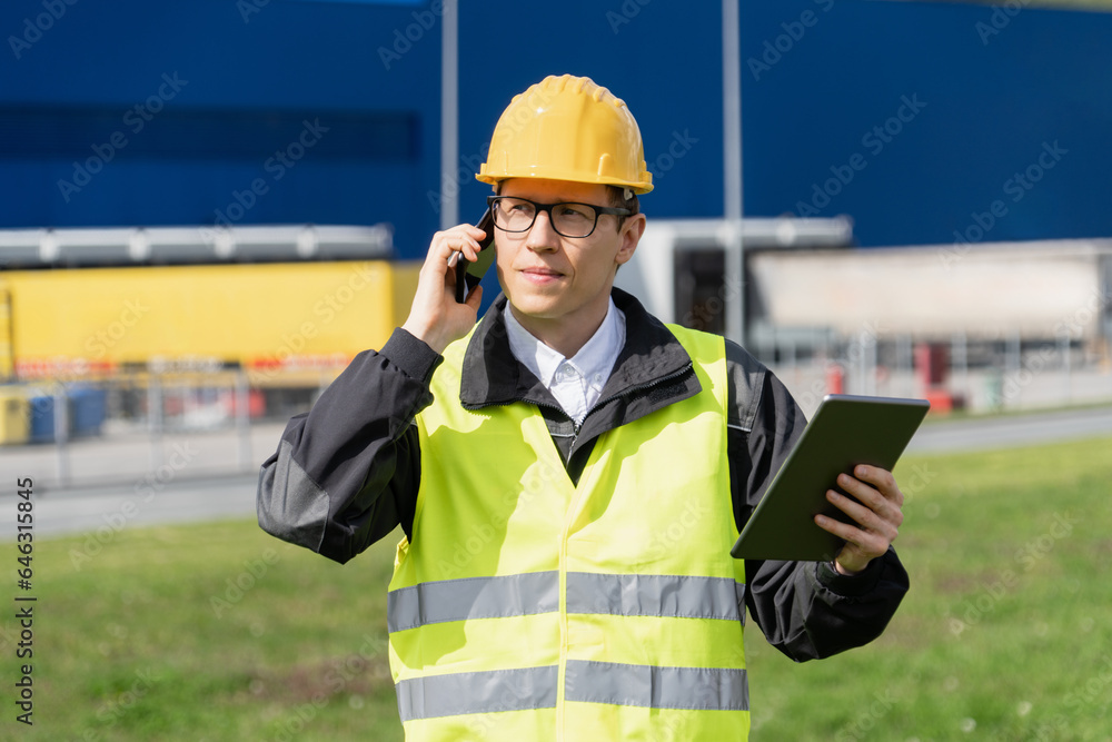 Aufkleber Logistician with phone and digital tablet on a background of logistic center.
