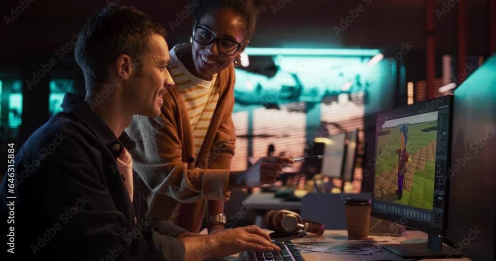 Aufkleber Portrait of Black Creative Director and Male Developer Talking About Work in Creative Agency. Two Stylish Diverse Employees Discussing Character Design on Computer in Game Development Company