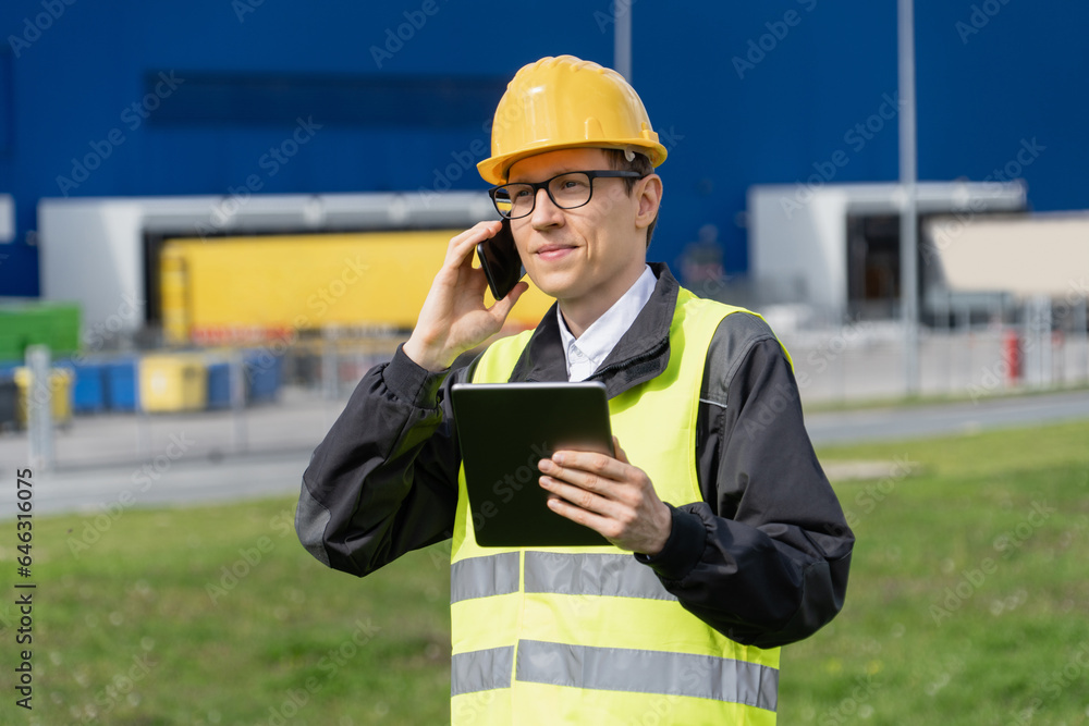 Aufkleber Logistician with phone and digital tablet on a background of logistic center.