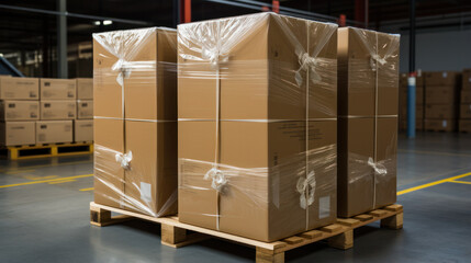 Stack of Package Boxes on Pallet in storage. Supply Chain Cardboard Boxes, Packaging Stoage. Cargo Shipment Logistics transport.