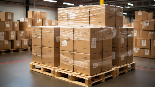 Stack of Package Boxes on Pallet in storage. Supply Chain Cardboard Boxes, Packaging Stoage. Cargo Shipment Logistics transport.