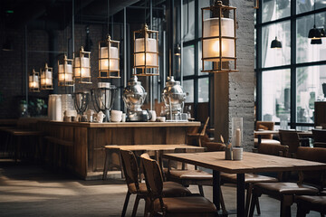 interior design of a cafe loft style, wood furniture, natural color, natural light generated by AI