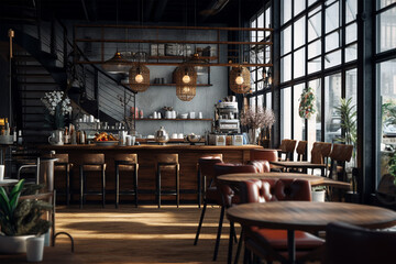 interior design of a cafe loft style, wood furniture, natural color, natural light generated by AI - 646316212