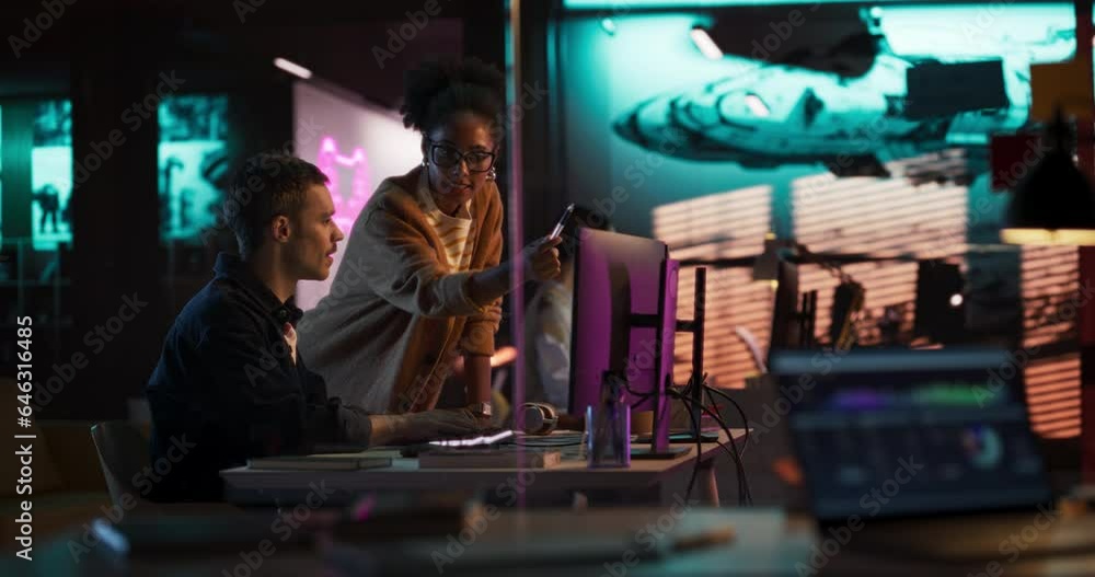 Poster portrait of black creative director and male developer talking about work in creative agency. two st