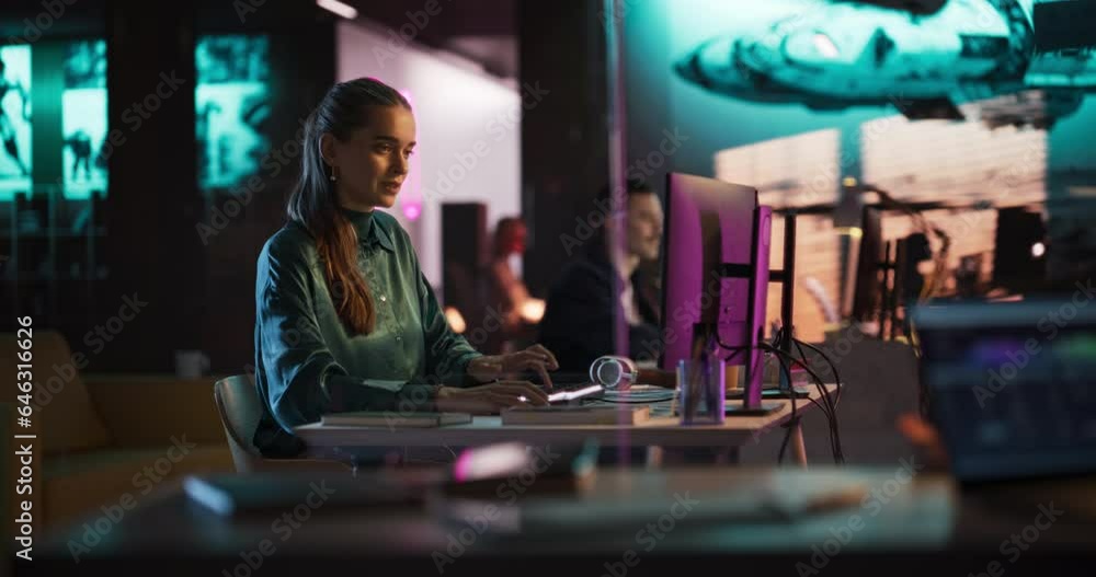 Aufkleber Portrait of a Beautiful Happy Female Using Desktop Computer, Analysing Data, Thinking and Solving Problems. Project Manager Working in Creative Agency, Reviewing Marketing Strategy