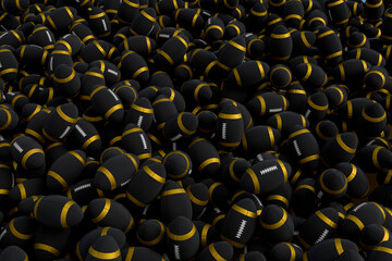 Many of flying black american football ball falling on white background