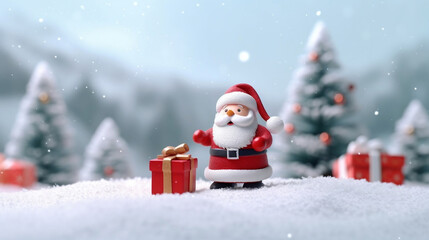 Naklejka na ściany i meble Santa Claus with gift box and Christmas tree on snow mountain, cute 3D illustration, Christmas background.