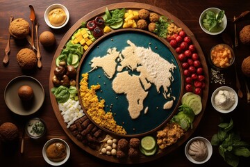 a globe or world map surrounded by small plates of vegetarian dishes representative of various countries