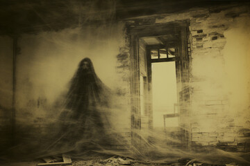 Vintage photo of silhouette of a ghost. Halloween concept.