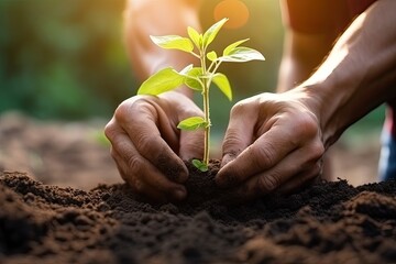 Close up  male hands of farmer planting seedling in fertile soil with sunlight. Earth day concept