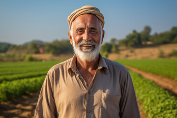 Senior indian farmer giving happy expression at agriculture field - obrazy, fototapety, plakaty