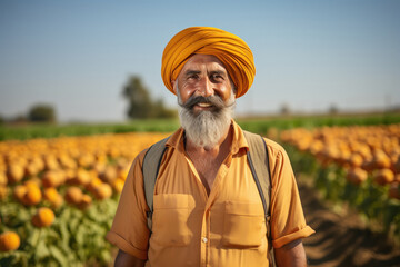 Senior indian farmer giving happy expression at agriculture field