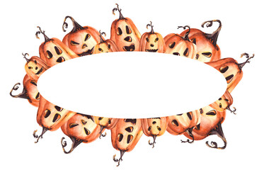 Fototapeta premium Happy Halloween pumpkin scary face. Oval frame, banner with orange watercolor stains. Autumn watercolor illustration hand painting on white background. Halloween celebration cards, flyer, banner