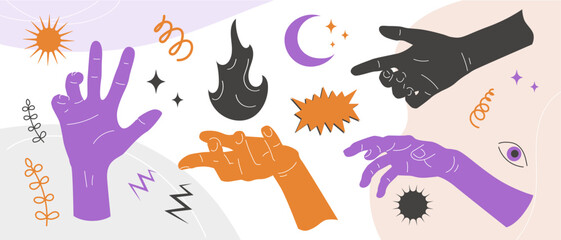 Human hand silhouettes, mystic abstract banner, retro collage with hand gestures and magical drawings of fire, moon, sun and stars. Vector art.