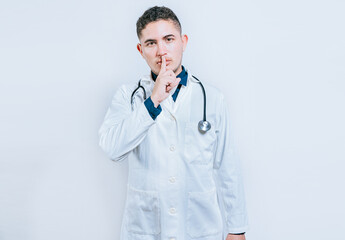 Doctor making silence gesture on white background. Latin doctor silencing and looking at the camera.