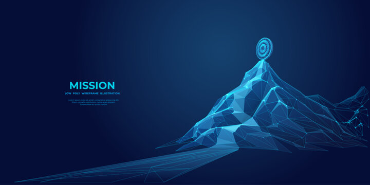 Digital Target On A Peak Of Mountain. Abstract Business Goal And Success Concept. Road To The Top. Futuristic Low Poly Wireframe Vector Illustration. Leadership Metaphor On Technology Blue Background