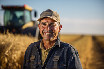 Farmer standing with machinery at agriculture field
