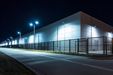 The exterior of a warehouse is illuminated by security lights during nighttime, highlighting its robust fence ensuring safety and security - Powered by Adobe