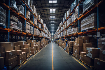 Layers of shelves, reaching to the ceiling, are filled with various products in an expansive warehouse, portraying a sense of scale and organization