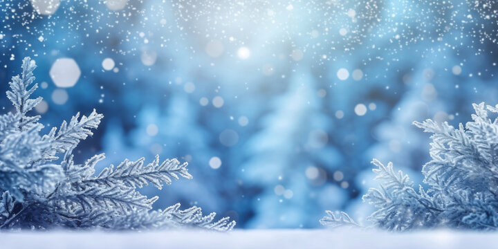  Blue winter christmas nature background frame, banner format. Snow-covered fir branches against defocused blurred forest and falling snow - Generative AI