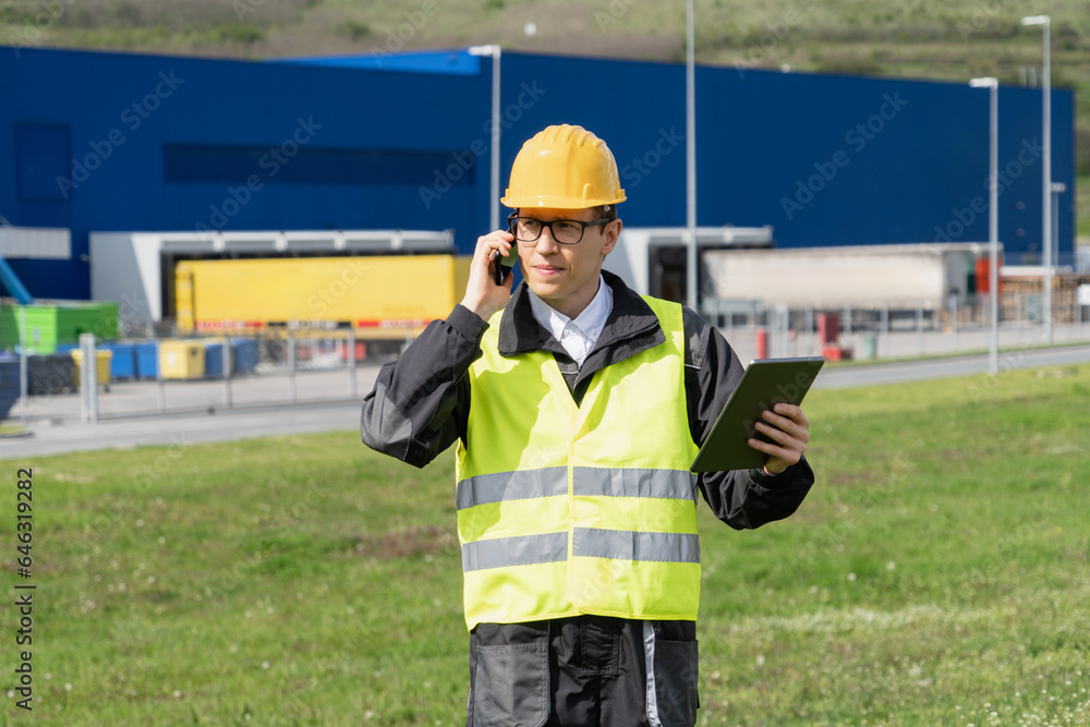 Aufkleber Logistician with phone and digital tablet on a background of logistic center.