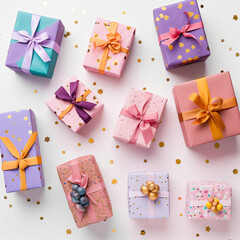 Colorful gift wrapping boxes, flatlay style, white background - Generative AI