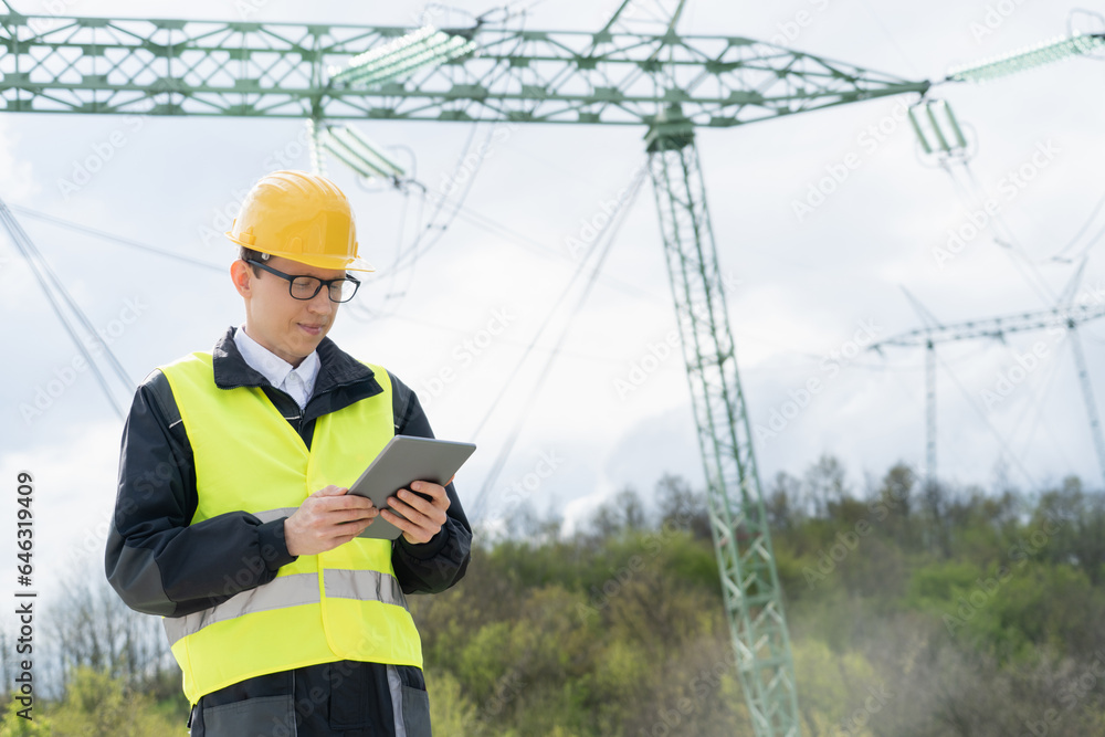 Aufkleber Engineer with digital tablet on a background of power line tower.