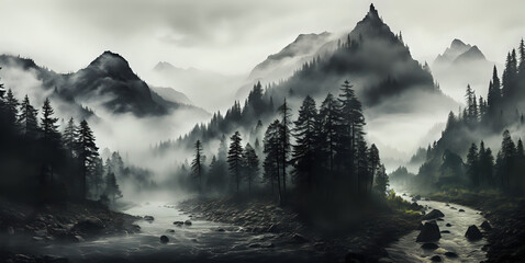 landscape with fog - obrazy, fototapety, plakaty