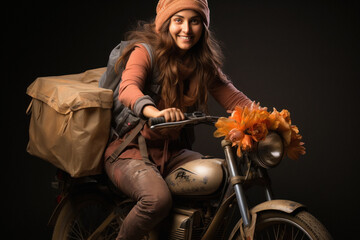 Obraz premium Young girl riding bike delivering food or other parcel.