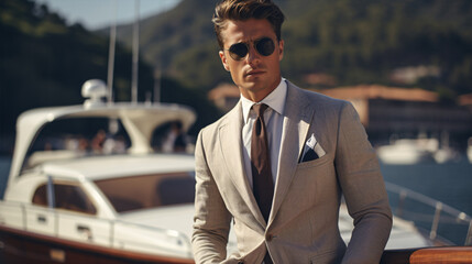 By the side of a calm lake, a fashionable and youthful man in a classic suit carefully fastens his jacket, with a high-end yacht in view..