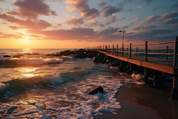 Obraz premium Wooden pier on ocean or sea at sunset, perspective view