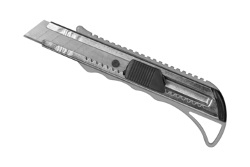 A clerical knife with a plastic handle is isolated on a transparent background.