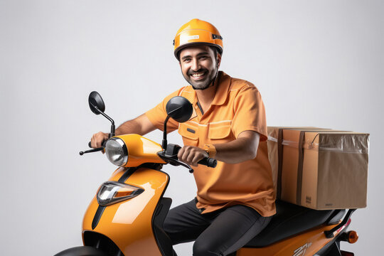 Indian deliveryman in uniform riding bike and giving happy expression