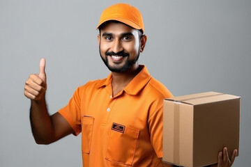 Young deliveryman or courier boy holding box in hand.