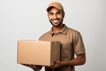 Young deliveryman or courier boy holding box in hand. - obrazy, fototapety, plakaty