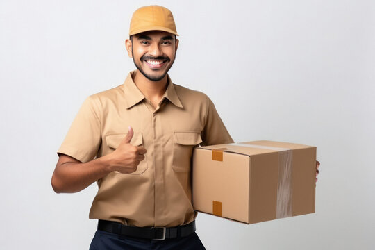 Young deliveryman or courier boy holding box in hand.