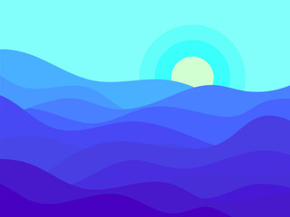 Fototapeta na wymiar Wavy landscape in blue shades with the sun on the horizon. Wavy landscape in a minimalist style. View into the distance of the hills at dawn. Design for print, poster and banner. Vector illustration