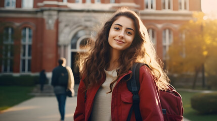 Fototapeta premium Young beautiful brunette girl with, wearing casual clothes and backpack with college campus in background in sunflare. Concept of a new student, college life, campus life.