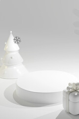 Festive Christmas scene podium for products showcase, promotional sale, minimalist white color