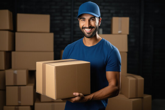 Young deliveryman or courier boy holding box in hand.