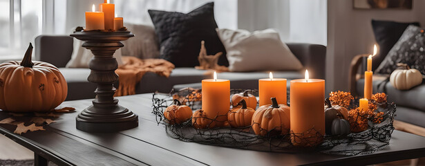 Living room with Halloween decorations, pumpkins and candles on the table. - Generated by AI.