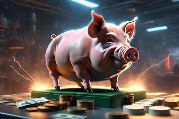 Draw a cute pig standing on a money cushion.
Generative AI