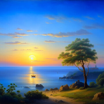 Beautiful landscape with sunset view and quiet water surface