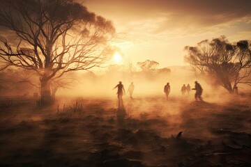 Misty morning sunrise with the zombies walking on the mountain background. Dead men running dramatic Halloween scene
