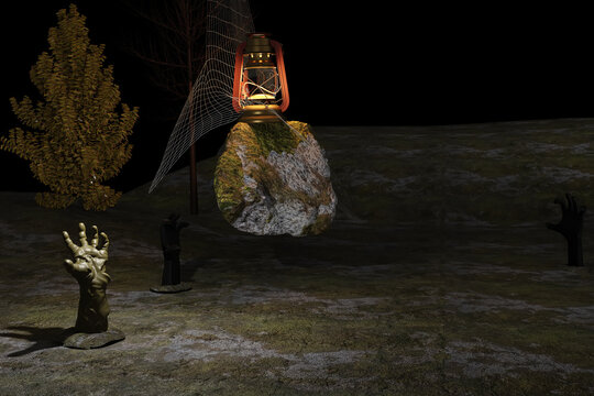 A mystical fairy-tale landscape of a night with a huge moon and lantern at the cemetery. 3D rendering