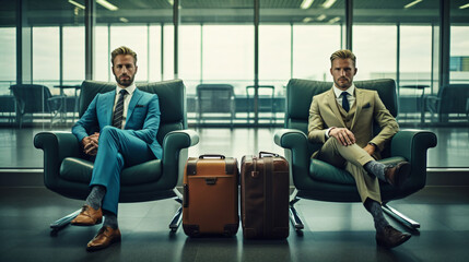 international businessmen, suits, business trip, bright, stock photo, modern look - Generative AI