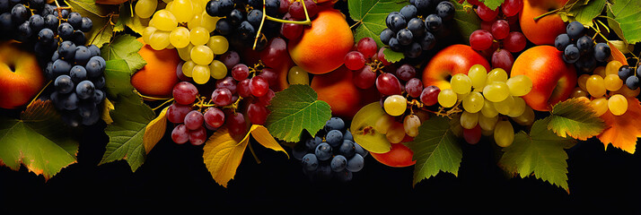Image of many ripe fresh grapes and apples