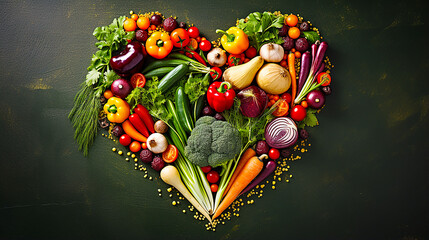 Heart made of many vegetables on brown background - Powered by Adobe
